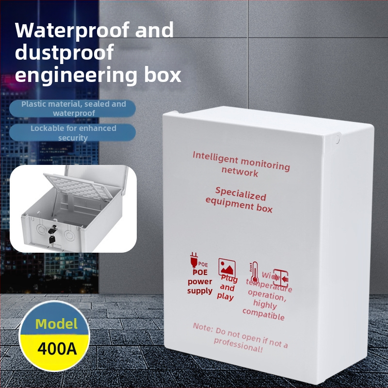 Išorinė užrakinama vandeniui atspari dėžė stebėjimui, su plastiniu gaubteliu žemų įtampų kabeliams