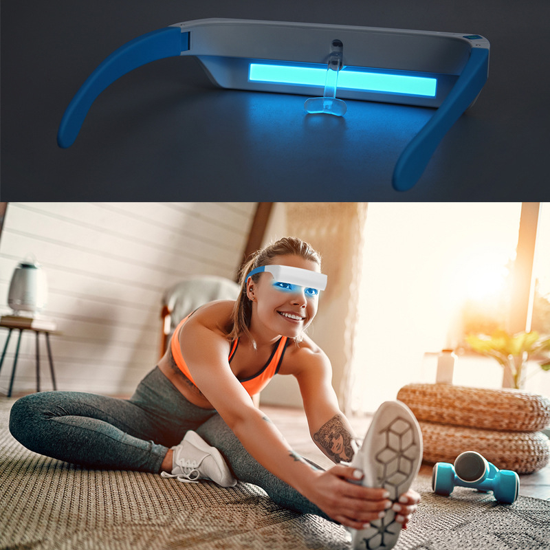 Naočale za svjetlosnu terapiju koje se nose na glavi; niskointenzivno plavo/bijelo svjetlo; ugrađena baterija 300–500 mAh; trajanje 1–3 h; težina 65 g; dimenzije 185×165×42 mm; funkcija tajmera