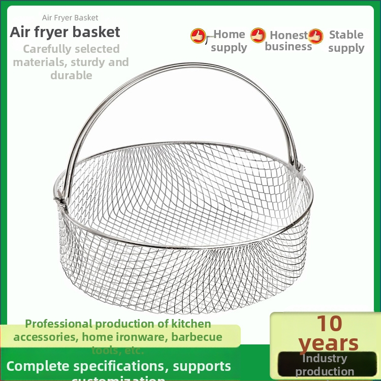 Oro fritezos krepšys, 430 nerūdijančio plieno, apvalus tinklas, dvigubo ausies rankena, garinimo ir džiovinimo laikiklis