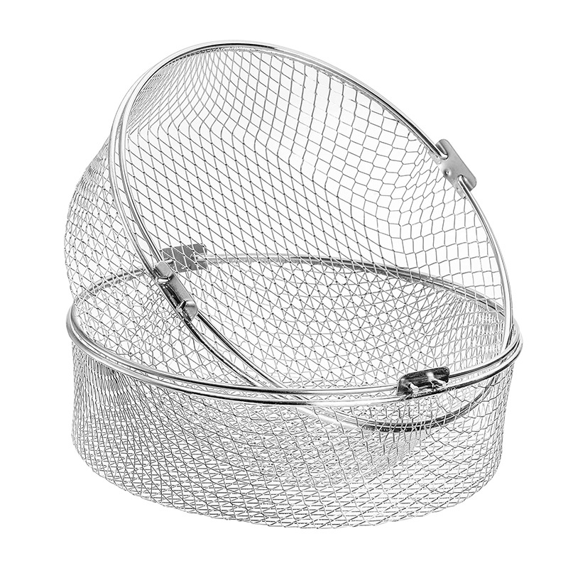 Oro fritezos krepšys, 430 nerūdijančio plieno, apvalus tinklas, dvigubo ausies rankena, garinimo ir džiovinimo laikiklis