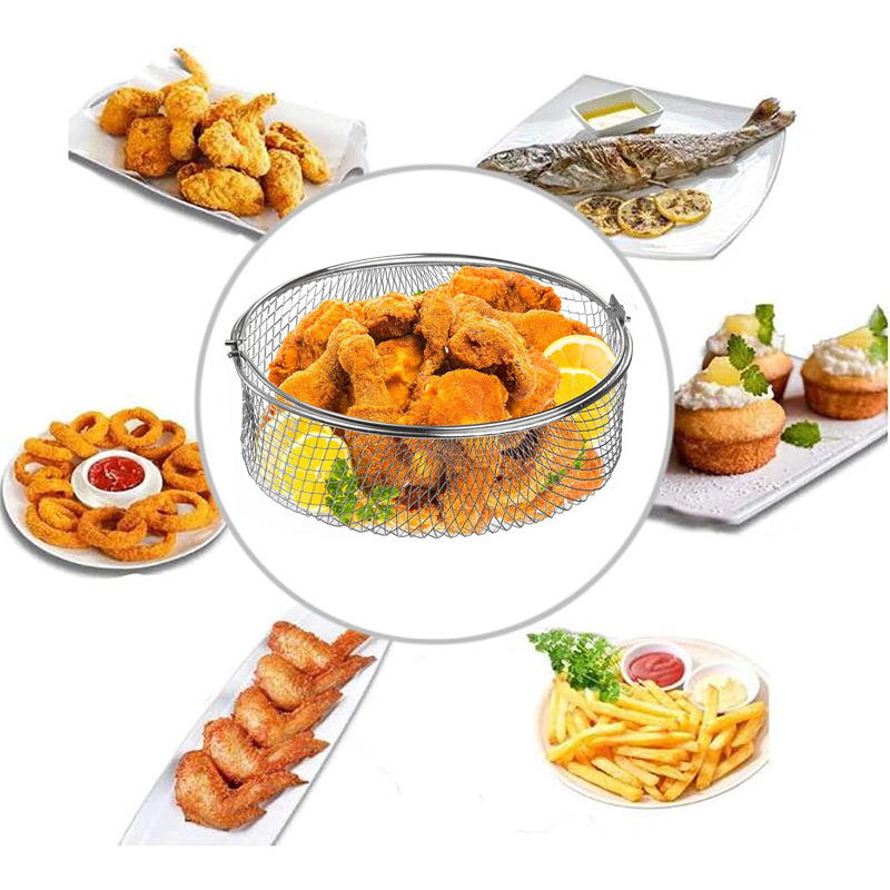 Oro fritezos krepšys, 430 nerūdijančio plieno, apvalus tinklas, dvigubo ausies rankena, garinimo ir džiovinimo laikiklis