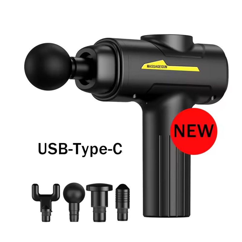 Masajer Fascia Gun, motor cu perii, portabil, 4 capete de masaj, baterie încorporată 800–1000 mAh, autonomie 3–6 h, zgomot 36–45 dB