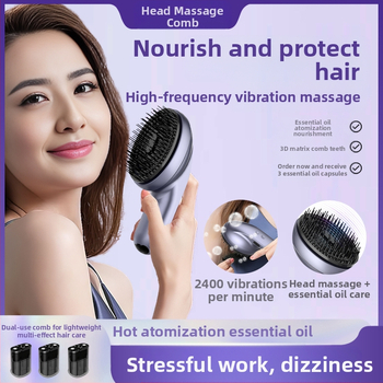 Pieptene de masaj pentru scalp, alimentat cu baterie, vibrație la a doua treaptă, control prin buton, model K9, atomizare ulei esențial pentru îngrijirea și creșterea părului