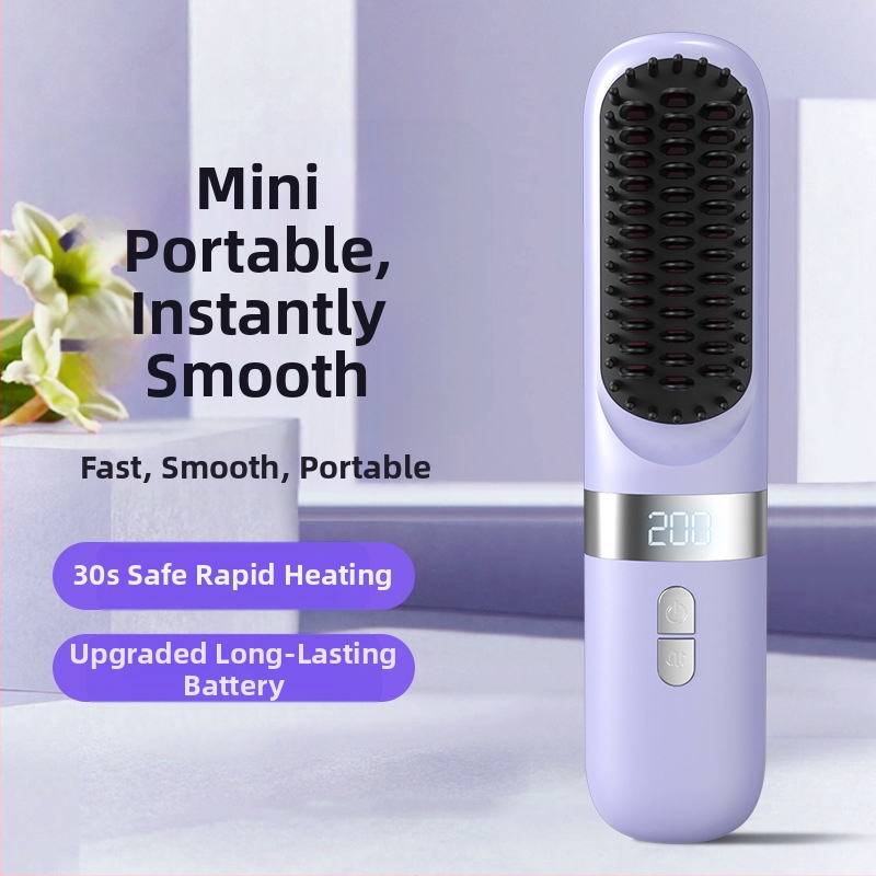 Безжичен гребен за изправяне на коса със турмалиново-керамични плочи, отрицателни йони и LCD дисплей, 3 температурни настройки