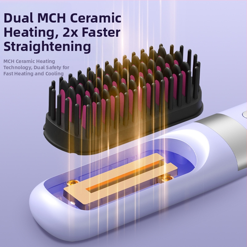 Безжичен гребен за изправяне на коса със турмалиново-керамични плочи, отрицателни йони и LCD дисплей, 3 температурни настройки