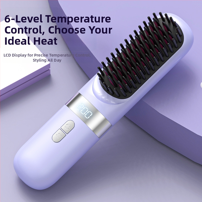 Безжичен гребен за изправяне на коса със турмалиново-керамични плочи, отрицателни йони и LCD дисплей, 3 температурни настройки