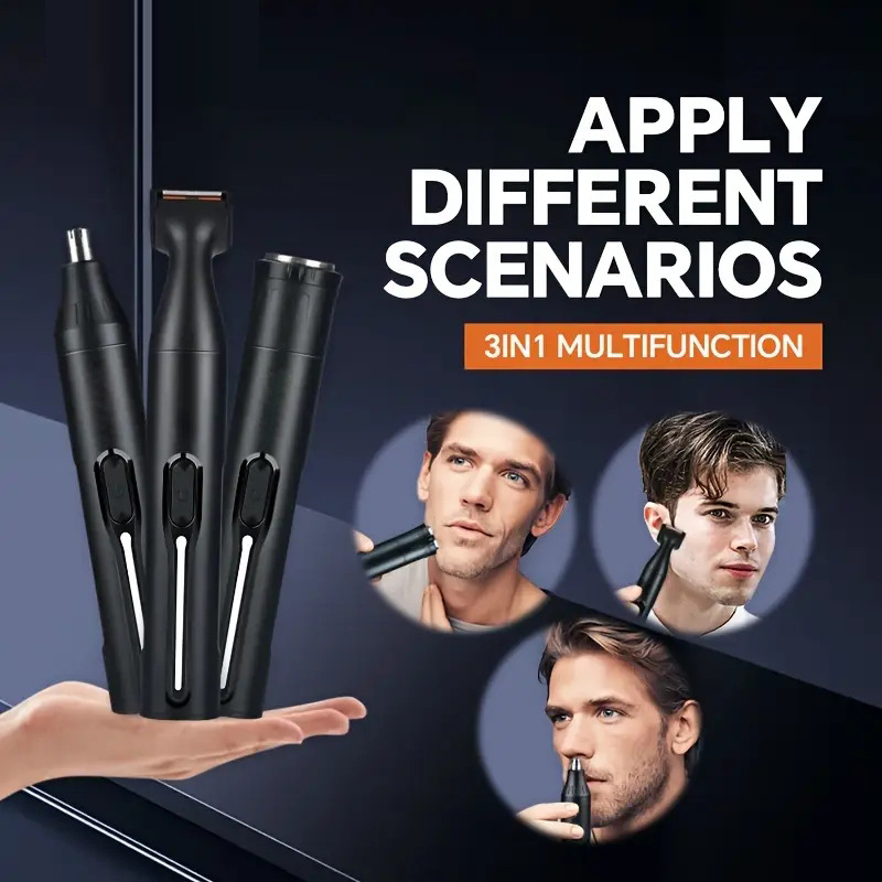 Vīriešu 3‑in‑1 nazas apgriežējs un skuvejs – elektrisks kopšanas rīks degunam, skūšanai un uzacu veidošanai, uzlādējams, ar noņemamu un mazgājamu naža galvu