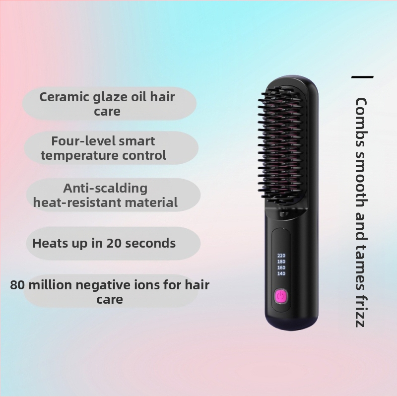 Безжичен гребен за изправяне и къдрене с отрицателни йони; керамичен нагревател; регулирана температура; за прави и къдри коси; преносим