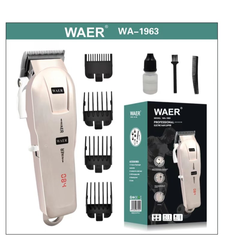 Újratölthető hajvágó készülék beépített akkumulátorral (300–500 mAh), üzemidő 1–3 óra, titánium ötvözetű vágófej, kefés motor, cserélhető és mosható vágófej