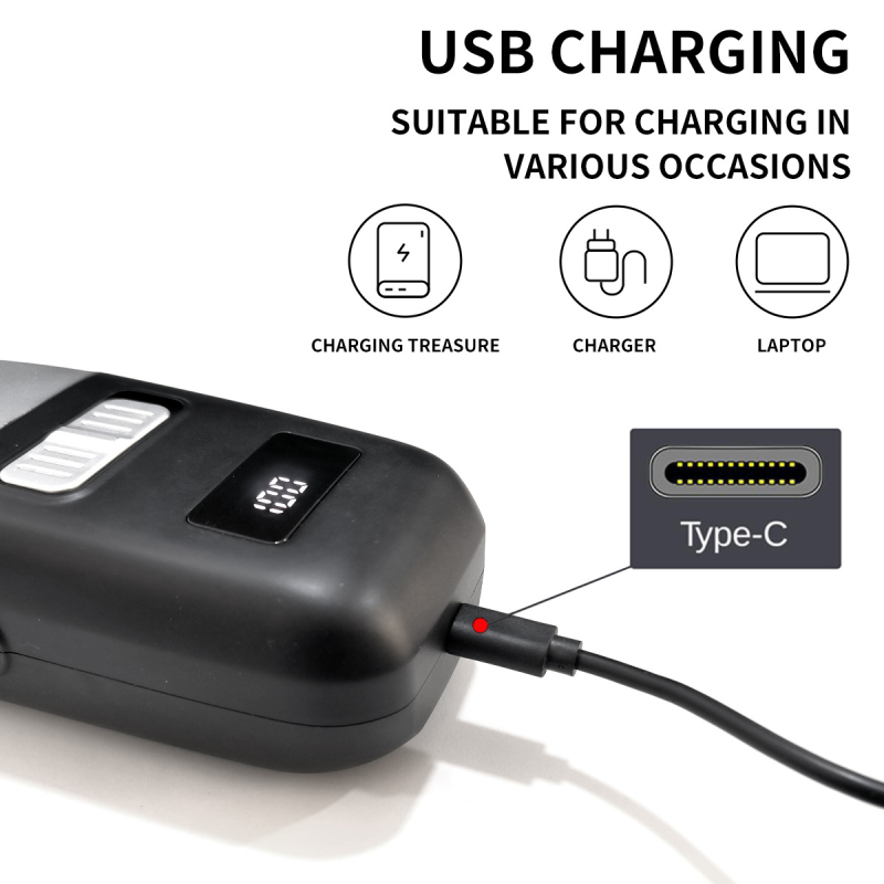 Električni brijač s glavom od 3 oštrice, LCD zaslon, ugrađena baterija 500–800 mAh, 90 minuta rada, plutajuća glava