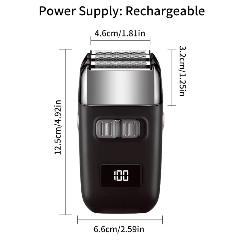 Električni brijač s glavom od 3 oštrice, LCD zaslon, ugrađena baterija 500–800 mAh, 90 minuta rada, plutajuća glava