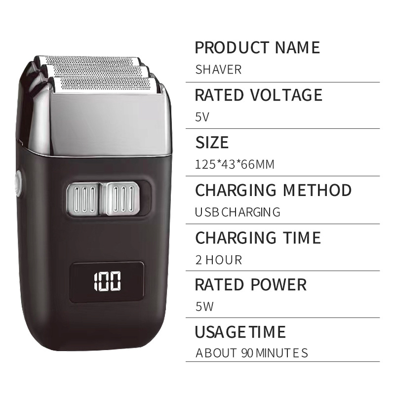 Električni brijač s glavom od 3 oštrice, LCD zaslon, ugrađena baterija 500–800 mAh, 90 minuta rada, plutajuća glava
