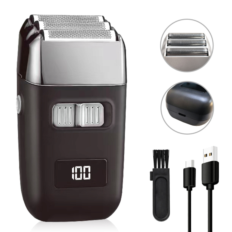 Električni brijač s glavom od 3 oštrice, LCD zaslon, ugrađena baterija 500–800 mAh, 90 minuta rada, plutajuća glava