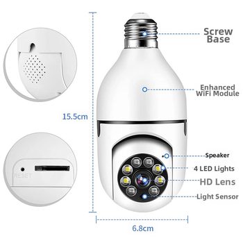 Bezvadu lampas tipa uzraudzības kamera, iekšējai lietošanai, 360° griešana, 720p HD, E27 lampas turētājs, nakts redze, lietotnes atbalsts