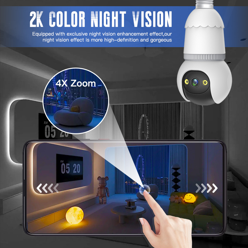 D6 spuldzes formas iekšējā drošības kamera — 360° HD, bezvadu, nakts redze, trauksmes atklāšana