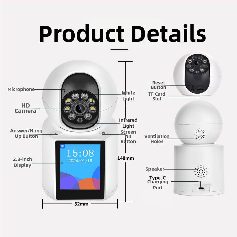 Cameră de monitorizare Wi‑Fi cu apel video bidirecțional pentru vârstnici și bebeluși, 2 MP, stocare TF, vedere de noapte