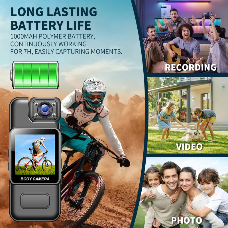 4K kūno kamera su nugaros klipu, infraraudonųjų spindulių naktinis matymas, plataus kampo objektyvas