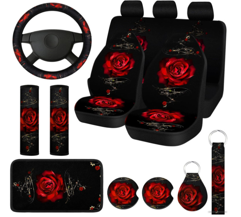 Σετ καλυμμάτων αυτοκινήτων για καθίσματα με μαξιλαράκια τιμονιού και υποβραχιόνιο, μοτίβο τριαντάφυλλο, 15 τεμάχια, ύφασμα, ραφή σε απλό στιλ, εξαερισμένο, για όλες τις εποχές