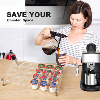 Raft acrilic de afișaj pentru capsule și boabe de cafea, cu tavă și suport pentru K-Cups – podea, stil modern minimalist
