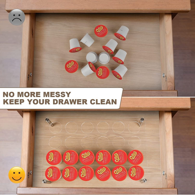 Raft acrilic de afișaj pentru capsule și boabe de cafea, cu tavă și suport pentru K-Cups – podea, stil modern minimalist