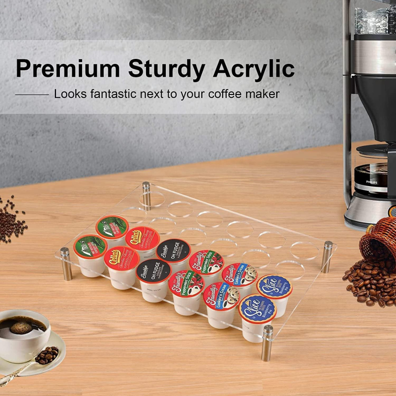 Raft acrilic de afișaj pentru capsule și boabe de cafea, cu tavă și suport pentru K-Cups – podea, stil modern minimalist