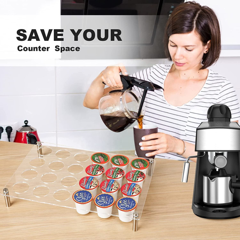 Raft acrilic de afișaj pentru capsule și boabe de cafea, cu tavă și suport pentru K-Cups – podea, stil modern minimalist