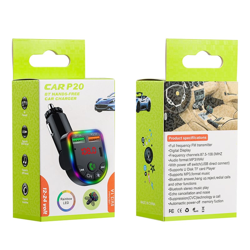 Auto MP3 player s FM transmiterom i reprodukcijom s USB flash diska, model P20, napajanje 12-24V, masa 60 g