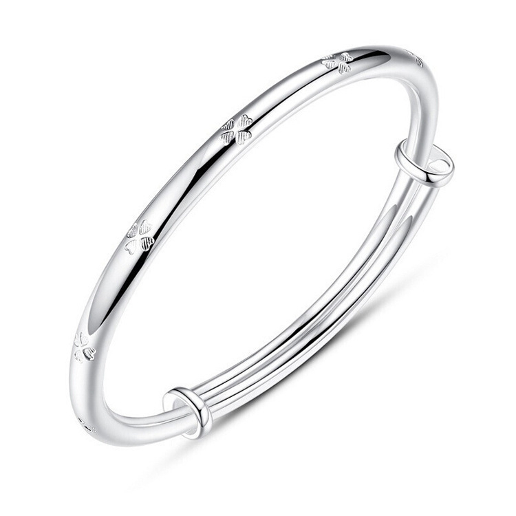 Χαλκόβραχιόλι με επικάλυψη ασήμι, ρυθμιζόμενο push-pull κούμπωμα, φρέσκιος σχεδιασμός με τετράφυλλο τριφύλλι, Κοσμήματα