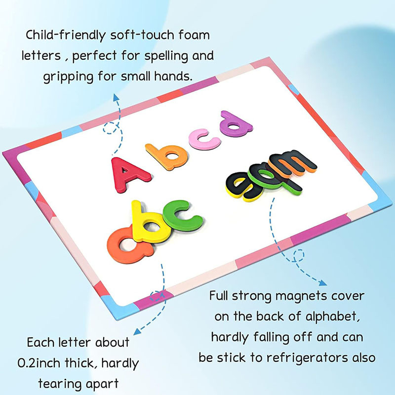 Magnētiskās burti uzlīmes bērniem – EVA putas materiāls, modelis ABC-2013, DIY draudzīgi, daudzfunkcionālas, vecums 4–6 gadi