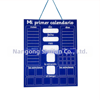 Filcinė kalendoriaus mokymosi lenta – dvejopai ispanų–anglų kalboms, metų mėnuo diena kalendorius, metų laikai ir orai, edukacinė interaktyvi žaislas vaikams 3–6 metų