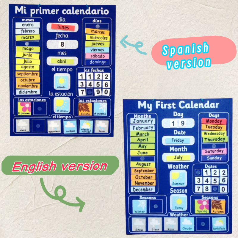 Filca kalendāra mācību plāksne – divvalodīga spāņu–angļu, gada–mēneša–dienas kalendārs, gadalaiki un laikapstākļi, izglītojoša interaktīva rotaļlieta bērniem 3–6 gadiem