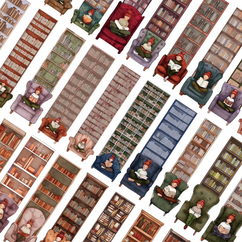 Popierinis žymeklis – serija su 30 mergaičių, kurios skaito, senovinis, rankų darbo stilius