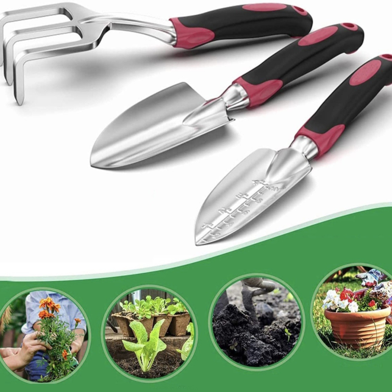 Háromrészes kerti szett alumínium ötvözetből — lapát, gereblye és metszőolló