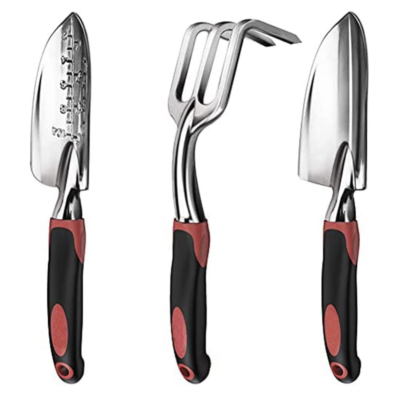 Háromrészes kerti szett alumínium ötvözetből — lapát, gereblye és metszőolló