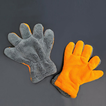 Koralinio veliūro automobilių plovimo pirštinė, penki pirštai, storesnė, dvipusė, 500 g, su logotipu