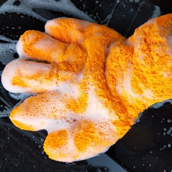 Koralinio veliūro automobilių plovimo pirštinė, penki pirštai, storesnė, dvipusė, 500 g, su logotipu