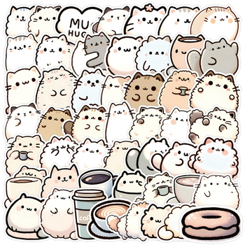 50 darab aranyos macska és kávé graffiti matricák, PVC, vízálló, öntapadó, nyomtatott dizájn, Lovable wind stílus