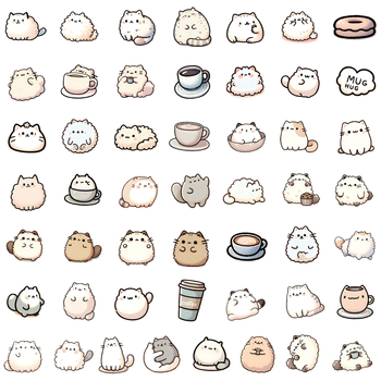 50 darab aranyos macska és kávé graffiti matricák, PVC, vízálló, öntapadó, nyomtatott dizájn, Lovable wind stílus