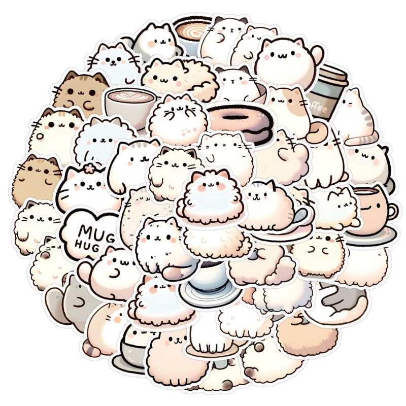 50 darab aranyos macska és kávé graffiti matricák, PVC, vízálló, öntapadó, nyomtatott dizájn, Lovable wind stílus