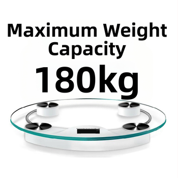 Svorio matuoklis su grūdintu stiklu, apvalus skaidrus dizainas, maksimali apkrova 180 kg, veikia su baterijomis, skirtas namų naudojimui