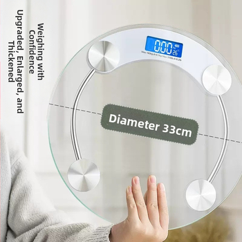 Svorio matuoklis su grūdintu stiklu, apvalus skaidrus dizainas, maksimali apkrova 180 kg, veikia su baterijomis, skirtas namų naudojimui