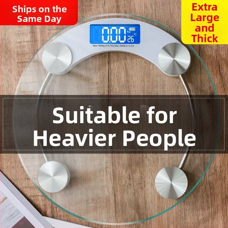 Svorio matuoklis su grūdintu stiklu, apvalus skaidrus dizainas, maksimali apkrova 180 kg, veikia su baterijomis, skirtas namų naudojimui