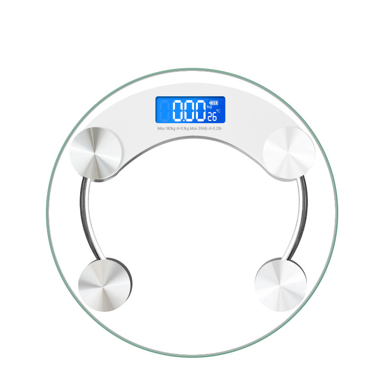 Svorio matuoklis su grūdintu stiklu, apvalus skaidrus dizainas, maksimali apkrova 180 kg, veikia su baterijomis, skirtas namų naudojimui
