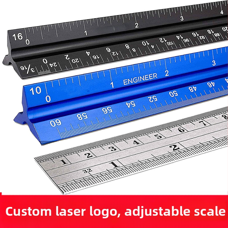 Комплект от три линейки с триъгълен чертожен линеал, алуминиева сплав, лазерно гравиран, за ученици от начален клас