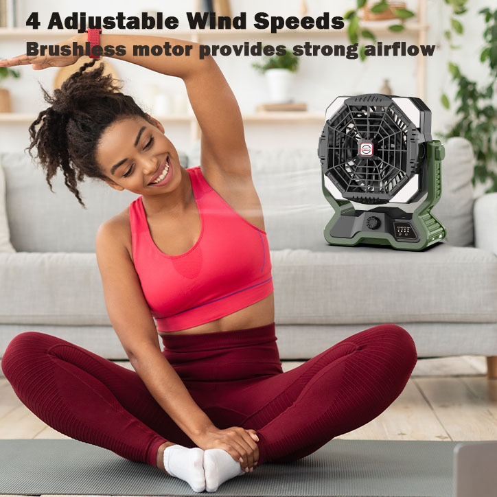 Kempingo ventiliatorius su šviesa, modelis R17 – be žingsnių reguliavimo oro srauto, įmontuota 4000mAh baterija, daugiau nei 12 valandų veikimo laikas, triukšmas 37–45 dB