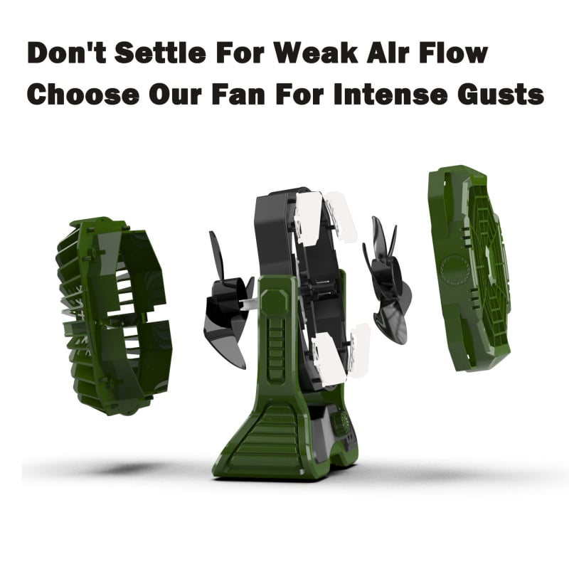 Kempingo ventiliatorius su šviesa, modelis R17 – be žingsnių reguliavimo oro srauto, įmontuota 4000mAh baterija, daugiau nei 12 valandų veikimo laikas, triukšmas 37–45 dB