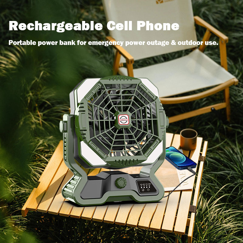 Kempingo ventiliatorius su šviesa, modelis R17 – be žingsnių reguliavimo oro srauto, įmontuota 4000mAh baterija, daugiau nei 12 valandų veikimo laikas, triukšmas 37–45 dB