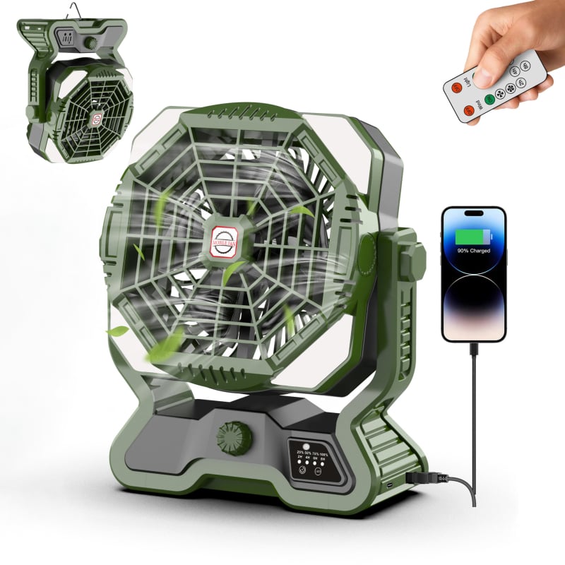 Kempingo ventiliatorius su šviesa, modelis R17 – be žingsnių reguliavimo oro srauto, įmontuota 4000mAh baterija, daugiau nei 12 valandų veikimo laikas, triukšmas 37–45 dB