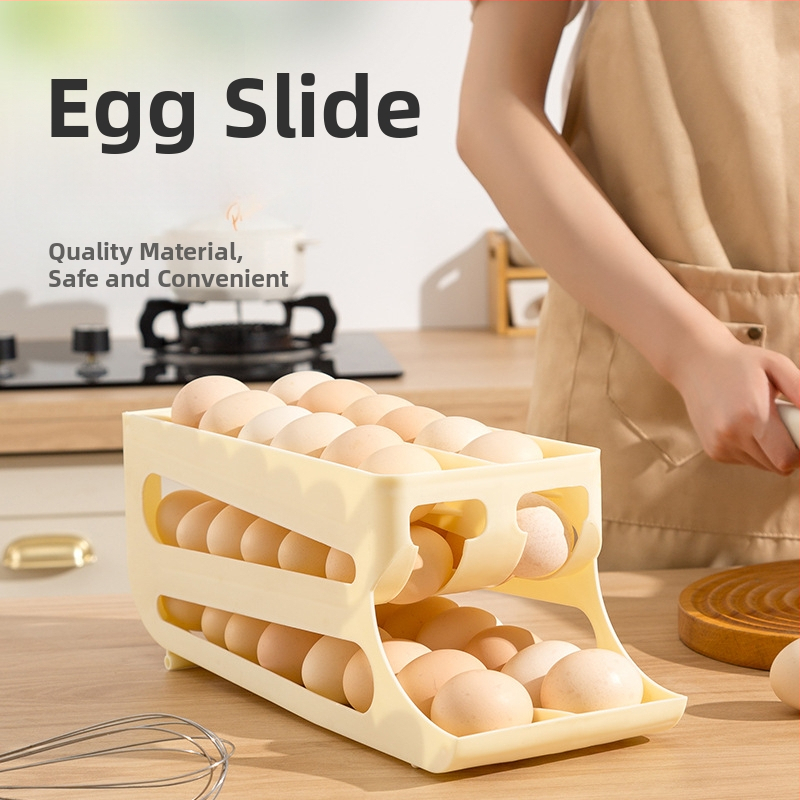 Плъзгащ се яйчен органайзер за кухнята: три слоя, двойно ред, пластмасов, за плот