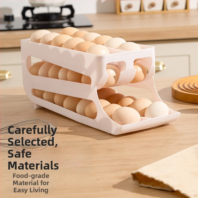 Плъзгащ се яйчен органайзер за кухнята: три слоя, двойно ред, пластмасов, за плот